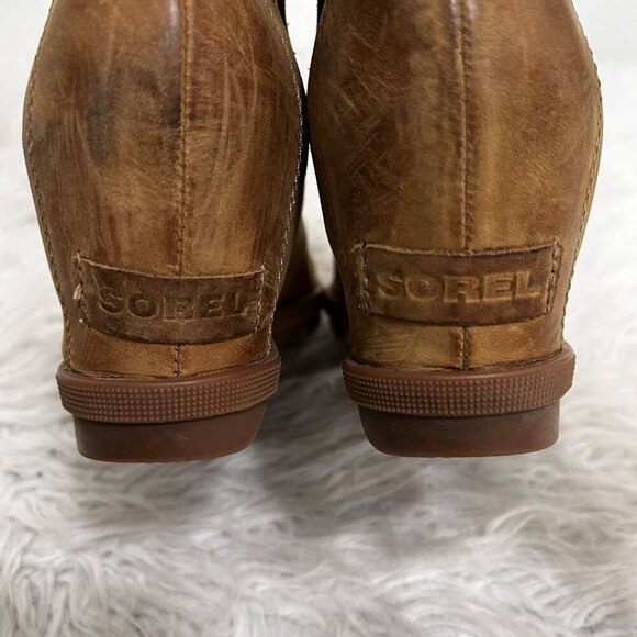 Sorel Tan Joan of Arctic Nubuck Leather Wedge Booties Sz 9 Pull Eli Curry Brown - Picture 9 of 11